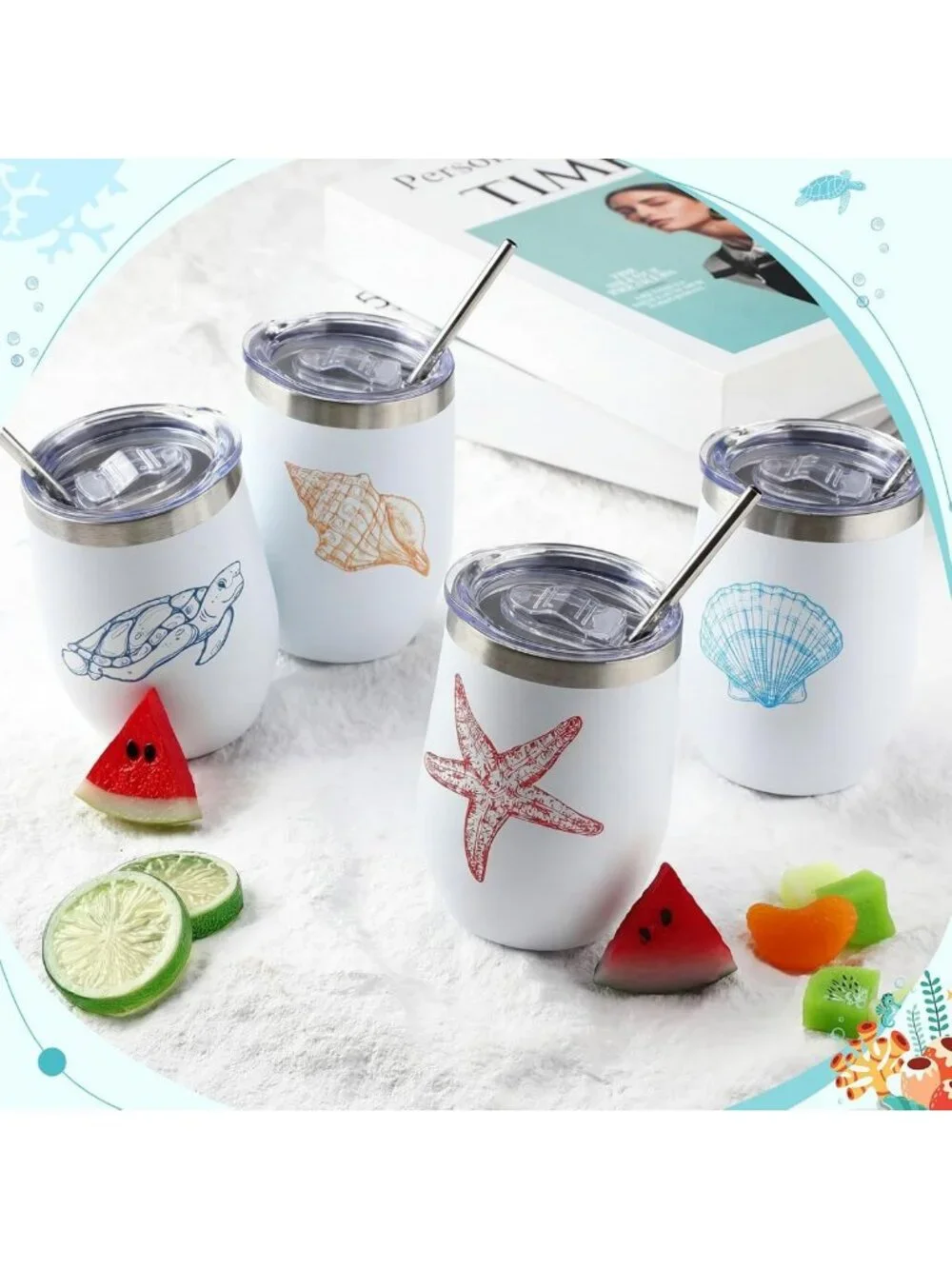 Ocean-Themed Beach Wine Tumblers Set of 4 - 12 oz with Lids, Perfect for Summer!